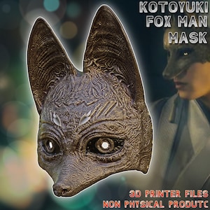 Peut inclure: Un masque de renard de couleur bronze avec de grandes oreilles pointues et des détails de surface complexes. Le masque a des ouvertures pour les yeux et un nez proéminent. Le texte sur l'image indique "KOTUYUKI FOX MAN MASK" et "3D PRINTER FILES NON PHYSICAL PRODUCTC".