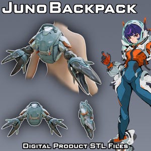 May include: A digital product image featuring a futuristic backpack design labeled "JUNO BACKPACK." The backpack is primarily gray with orange and silver accents, and has articulated arm-like appendages. The image also includes a digital illustration of a character in a spacesuit.