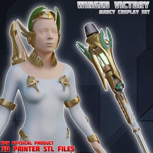 May include: A 3D printable Winged Victory Mercy cosplay set featuring a headpiece with green laurel leaves, gold armor pieces, and a staff with a glowing green center. Text reads: WINGED VICTORY MERCY COSPLAY SET. NON PHYSICAL PRODUCT 3D PRINTER STL FILES.