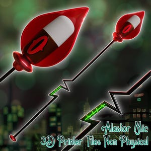 May include: A red microphone prop with a stylized design, featuring a red leaf-shaped head with a white and brown capsule. The microphone has a black stem and a zigzag design with green accents. Text on the image reads "Alastor Mic 3D Printer Files Non Physical."
