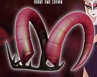 May include: A digital product featuring a pair of burgundy horns with a black crown base. The text "LILITH HORNS AND CROWN" is displayed above the horns, with "3D PRINTER FILES DIGITAL PRODUCT" below.