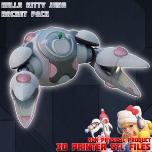 Może przedstawiać: Render 3D Hello Kitty Juno Rocket Pack, z białym, szarym i różowym robotycznym designem. Główny korpus ma emblemat jabłka. Obraz zawiera również model 3D Hello Kitty z rakietą i tekst "NON PHYSICAL PRODUCT 3D PRINTER STL FILES."