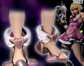May include: Metallic gold and pink shoes with heart and wing accents. The shoes have a high heel and are designed with a futuristic aesthetic. The text "JUNO HEART OF HOPE SHOES" and "3D PRINTER FILES DIGITAL PRODUCT" are visible.