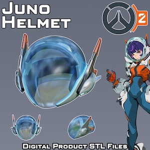 Puede incluir: Representación digital de un casco Juno con visera azul transparente y detalles en naranja. El texto "JUNO HELMET" y "DIGITAL PRODUCT STL FILES" están presentes. También se incluye una ilustración de personaje de Overwatch 2.