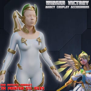 May include: A 3D digital model of a white bodysuit with gold armor accents, including a laurel wreath headpiece, shoulder pieces, and arm cuffs. Text reads WINGED VICTORY MERCY COSPLAY ACCESSORIES and NON PHYSICAL PRODUCT 3D PRINTER STL FILES.