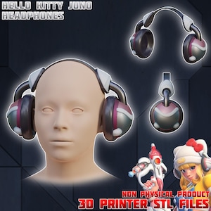 May include: Hello Kitty Juno headphones in a 3D render. The headphones feature a silver, pink, and black color scheme. The image includes a model wearing the headphones, along with separate views of the headphones and a Hello Kitty character.