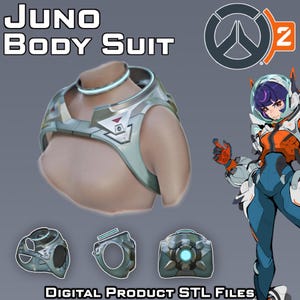 May include: A digital rendering of a Juno body suit, with the text "JUNO BODY SUIT" at the top. The suit is silver and light blue, with a matching neck piece. Below are three additional pieces. The Overwatch 2 logo is in the upper right corner. The text "DIGITAL PRODUCT STL FILES" is at the bottom.