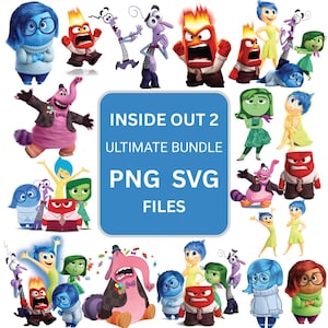 May include: A collection of Inside Out 2 character graphics in various poses. The characters include Joy, Sadness, Anger, Fear, Disgust, and Bing Bong. The image also contains the text "INSIDE OUT 2 ULTIMATE BUNDLE PNG SVG FILES" in a blue rectangle.