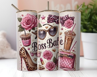 Boss Babe Tumbler Wrap PNG | Glam Leopard Roses Coffee Design (Digital Download)