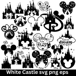 Paquete SVG de castillo, SVG de princesa, clipart de castillo, Mickey Mouse con cabeza de corazón, SVG de Reino Mágico, archivos de corte para silueta de Cricut