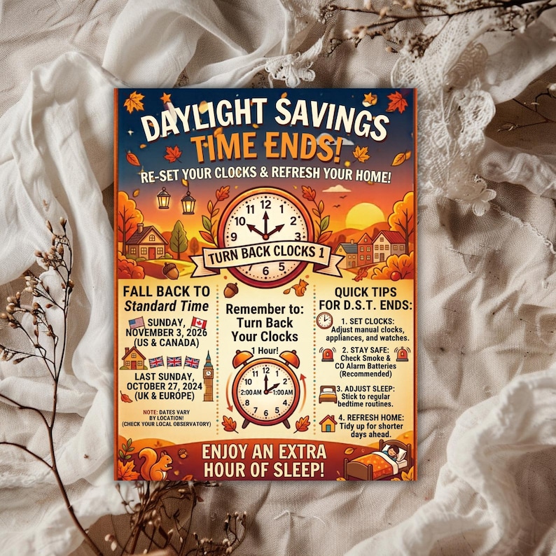 Daylight Saving Time Ends Flyer Template Printable, Fall Back Clock ...