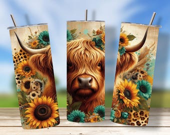 Highland Cow Sunflower Tumbler Wrap PNG, Rustic Farmhouse Sublimation Design (Digital Download)