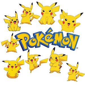 May include: A collection of yellow Pikachu character illustrations with black accents and red cheeks, in various poses. The word "Pokémon" is displayed in blue and yellow block letters.