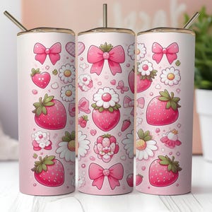 Strawberry Bow 20oz Skinny Tumbler Sublimation Design, Pink Tumbler Wrap PNG, Cute Tumbler Design, Digital Download for Printing