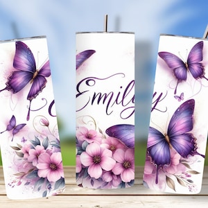Butterfly Tumbler Wrap PNG, Floral Personalized 20oz Sublimation Design, Add Name Text Template, Skinny Tumbler Digital Download