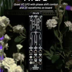 May include: Black modular synthesizer module with the text "PH LFO" and "TEMBRA MODULAR". The module has knobs, sliders, and labeled sections for "WAVE", "RATE", and "PH S". The background features white flowers and a dark surface.