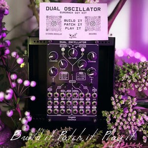May include: A black Dual Oscillator Eurorack DIY Kit with multiple knobs and ports. The kit includes a white card with the text "Build it, Patch it, Play it" and social media handles. The image is surrounded by purple flowers.