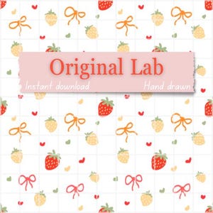 May include: A digital pattern featuring a white grid background with repeating hand-drawn illustrations of red strawberries, yellow strawberries, orange bows, and small red hearts. A pink rectangular banner displays the text Original Lab.