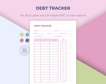 Debt Tracker Printable, Debt Payoff Log, 4 colors, A4/A5/Letter Sizes (Instant Download)