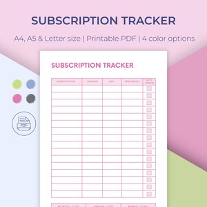 Subscription Tracker Printable, Finance Planner,  Membership Checklist, Budget Planner A4/A5/Letter, Instant Download PDF