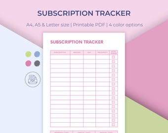 Subscription Tracker Printable: Finance Planner, Budget Checklist (A4/A5/Letter PDF Download)