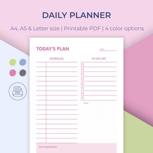 Pode incluir: Um planejador diário imprimível com um design rosa e branco. O planejador inclui seções para agendamento, uma lista de tarefas e notas. Os textos "DAILY PLANNER" e "TODAY'S PLAN" são visíveis. Disponível nos tamanhos A4, A5 e Carta.