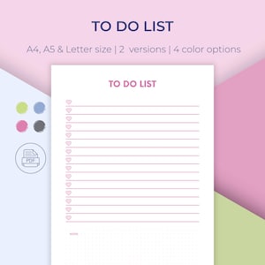 To Do List Printable, Cute To Do List, Simple Tasks List Template, A4/A5/Letter, 4 colors, Instant Download PDF