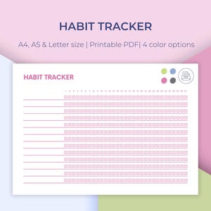 Könnte beinhalten: Ein druckbarer Gewohnheitstracker mit dem Titel "HABIT TRACKER" in einem sauberen, modernen Design. Der Tracker enthält Felder für tägliche Einträge, nummeriert 1-31, und ist in den Größen A4, A5 und Letter mit 4 Farboptionen erhältlich.