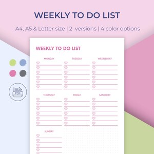 Puede incluir: Una lista de tareas semanales imprimible, con un diseño rosa y blanco. La lista incluye secciones para cada día de la semana, con espacio para tareas. El texto "WEEKLY TO DO LIST" está en la parte superior. Disponible en A4, A5 y Letter.