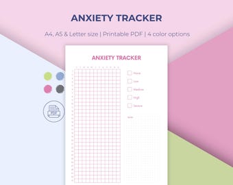 Printable Anxiety Tracker, Therapy Worksheet, 4 colors, A4/A5/Letter Sizes (Instant Download)