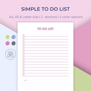 To Do List Printable, Minimal To Do List, Simple Tasks List Template, A4/A5/Letter, 4 colors, Instant Download PDF