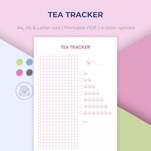 May include: A printable PDF tea tracker with a pink grid design. The text "TEA TRACKER" is at the top, with options for A4, A5, and Letter sizes. Includes 4 color options. A small PDF icon is in the corner.