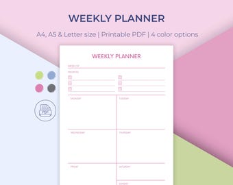 Minimalist Weekly Planner Printable: A4/A5/Letter Sizes, 4 Colors (PDF Download)
