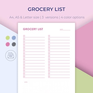 Grocery List Template Printable, Grocery Planner, Food Shopping List,  Household Planner, A4/A5/Letter, 4 colors, Instant Download PDF
