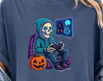 Skeleton Gamer Halloween Shirt, Neon Hoodie Controller T-Shirt, Spooky Jack O Lantern Ghost Screen Gaming Tee, Halloween Gamer, Gamer Gift