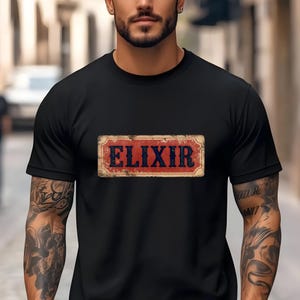 Vintage Elixir Sign T-Shirt, Retro Alchemy Inspired Tee, Old Apothecary Style Graphic Shirt for Magic Mystery and Potion Lovers, Comfort Tee