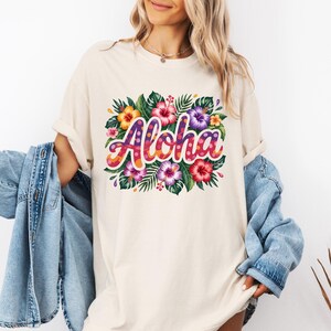 Aloha Floral Logo Shirt, Hawaiian Summer T-Shirt, Tropical Vacation Tee, Hibiscus Flower Graphic Shirt, Beach Vibes Tee, Comfort Colors Tee