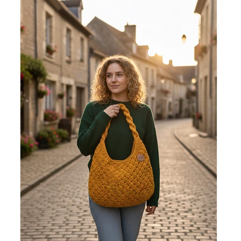May include: Mustard yellow crochet shoulder bag with a braided strap. The bag has a textured pattern and a small, round, brown leather patch. The woman in the image is wearing a dark green sweater and blue jeans.