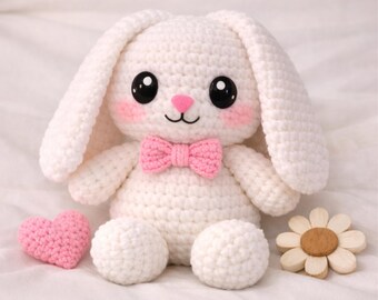 Crochet Bunny Pattern PDF | Amigurumi Plush Bunny with Bow | Easy Stuffed Animal Crochet Pattern | Instant Download