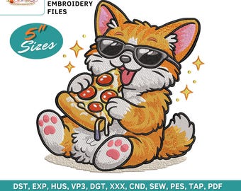 Funny Cat Embroidery Design, Pizza Sunglasses Cat Stitch File (Digital Download