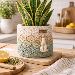 May include: A handmade, crocheted plant pot in cream, beige, and green tones, holding a snake plant with yellow-edged green leaves. The pot has a tassel and a small "Handmade" tag. The pot sits on a wooden cutting board.