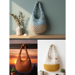May include: Handmade crochet bag in three color combinations: blue and tan, orange, and cream and yellow. Each bag features a textured stitch pattern and a braided handle. A small wooden tag is attached to each bag.