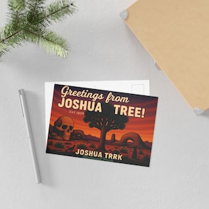 Cartão postal do Parque Nacional Joshua Tree, cartão postal de viagem retrô, impressão de viagem da Califórnia, arte de paisagem desértica, decoração de parque nacional, saudações