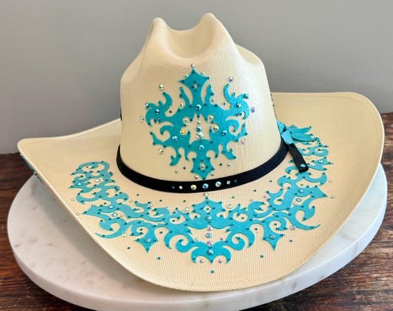 Straw Cowboy Hat with Turquoise Band Wide Brim Summer Hat Horseshoe Bay | Mens Turquoise Sun Straw Hat – American Hat  main image 3