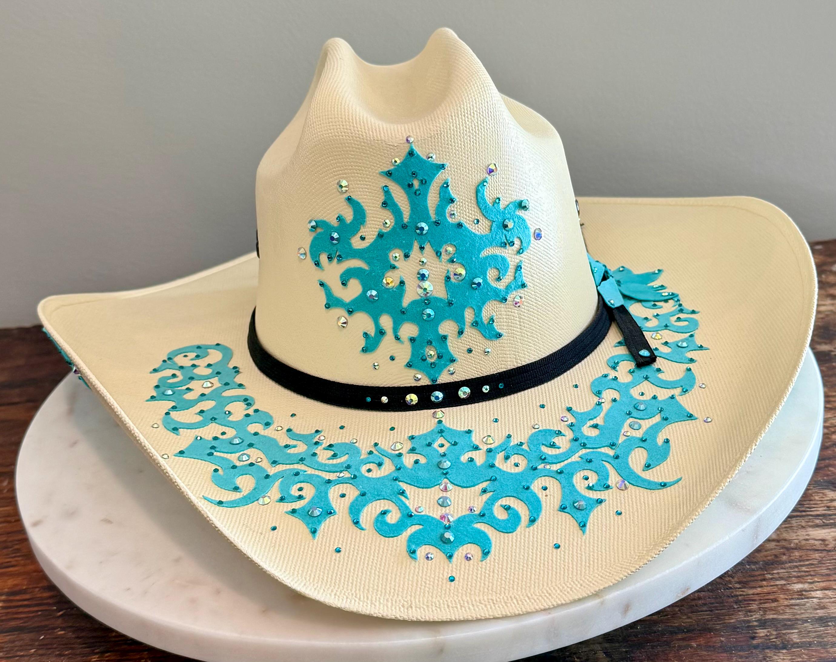 Blue Western Hat with Turquoise Embellishments Brown Suede Cowgirl Hat with Embellished Blue Turquoise  main image 4