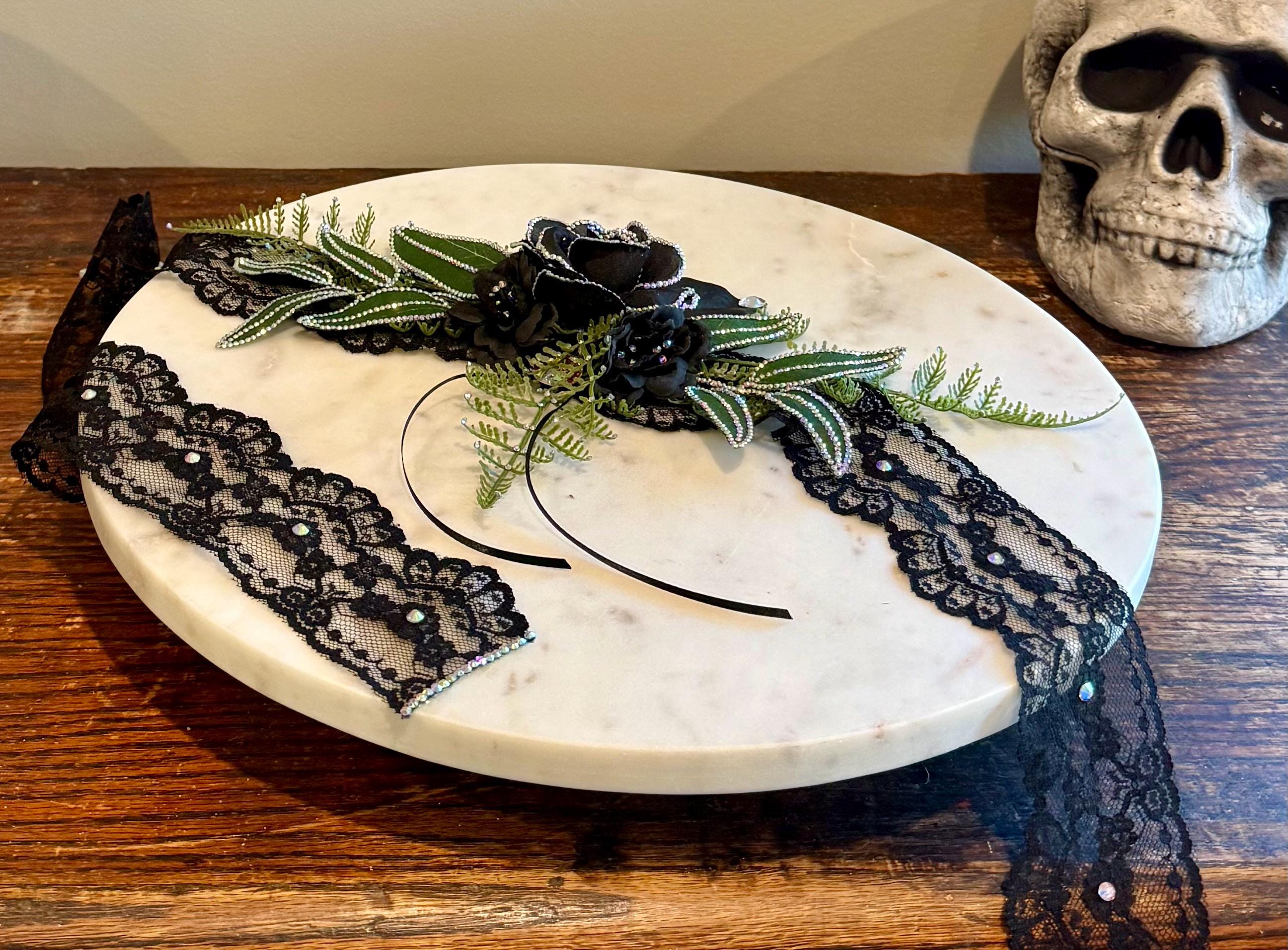 Gothic black vintage lace and sparkling crystal rhinestone floral bridal sash or belt gift