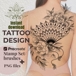 May include: Black and white tattoo design featuring a fan and floral elements. The design includes the text "Instant download TATTOO DESIGN" and "Procreate Stamp Set/ brushes + PNG files."
