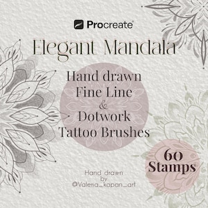 May include: Procreate digital art product with "Elegant Mandala" tattoo brushes. Includes hand-drawn fine line and dotwork brushes, plus 60 stamps. Designed by @Valeria_kapan_art.