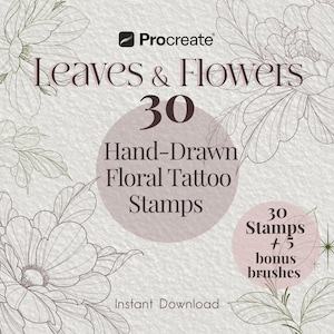 Floral Tattoo Stamps for Procreate | Fine Line Flowers & Leaves Brush Set | Hand Drawn Botanical Brushes | Digital Download