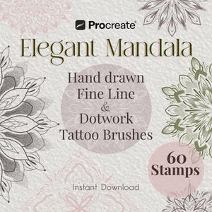 Pode incluir: Um produto digital para Procreate com o texto Elegant Mandala, Hand drawn Fine Line & Dotwork Tattoo Brushes, 60 Stamps e Instant Download. O design inclui padrões de mandala complexos em preto e branco sobre um fundo texturizado.